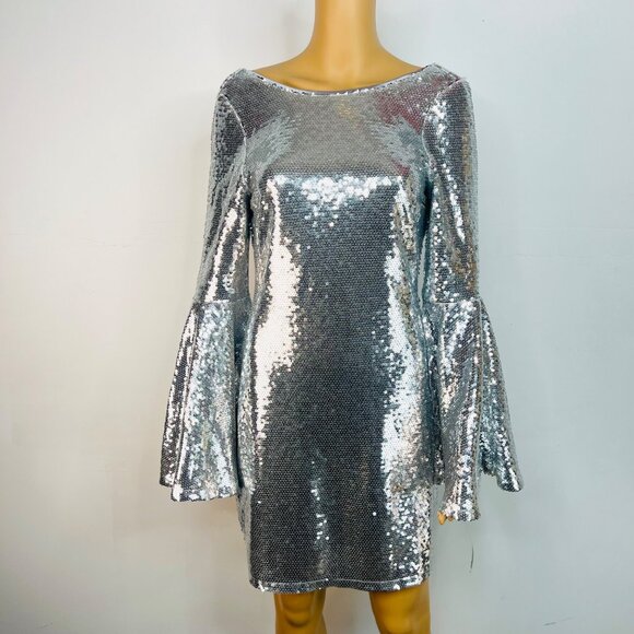 Lulus Sequin Silver Long Bell Sleeves Mini Dress Size M Sheath dress Party New - Picture 2 of 8